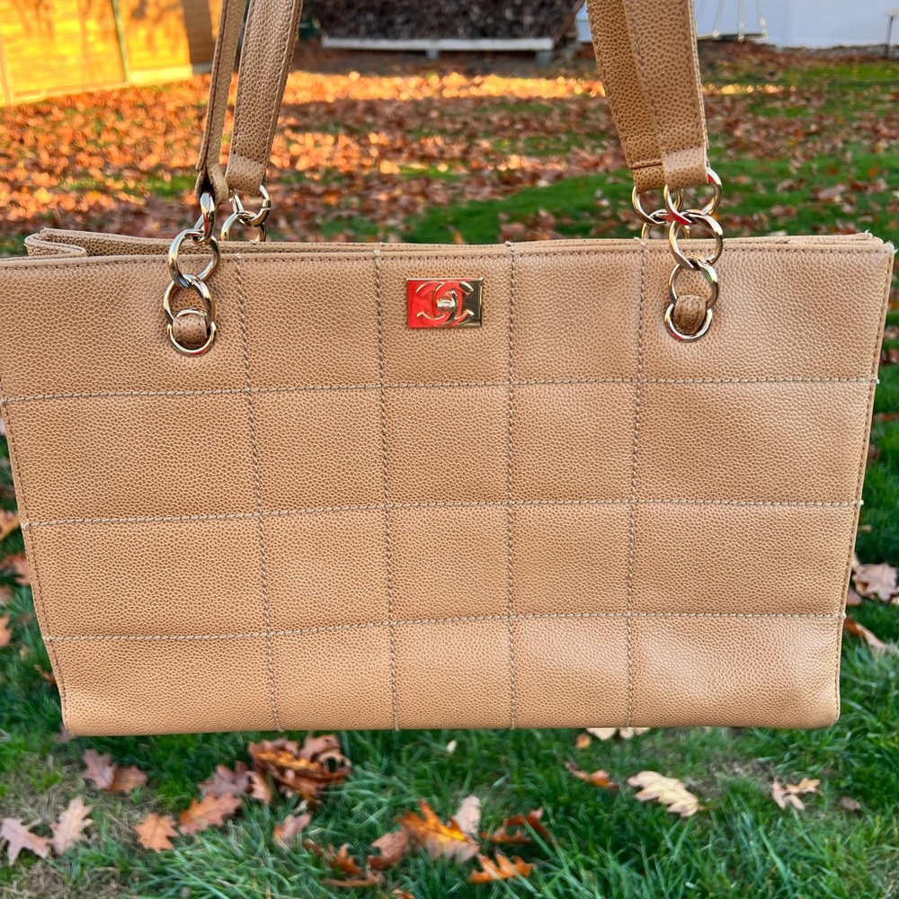 Authentic Chanel Chocolate Bar Caviar Leather Tote Bag